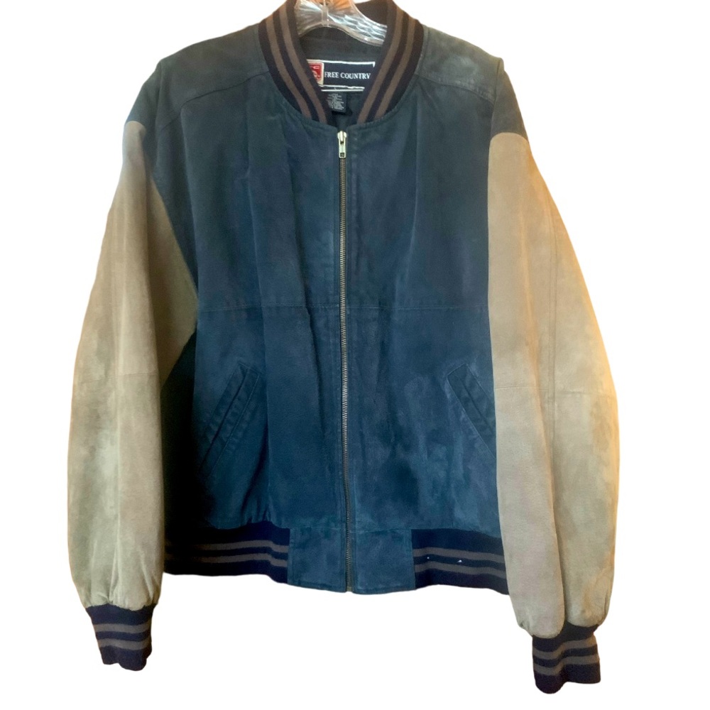 FREE COUNTRY VINTAGE Suede Leather Blue & Tan Zip Jacket - Size Large